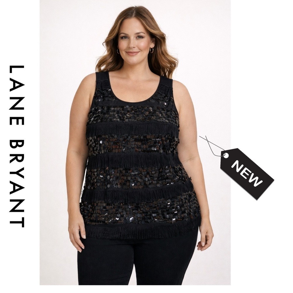NWT Lane Bryant black sequence layered tassel tank top size 18/20
